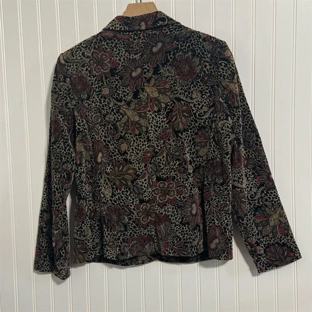 Script Size 10 Velvet Blazer‎ Burnout Floral Leopard Print Jacket Black Red Tan